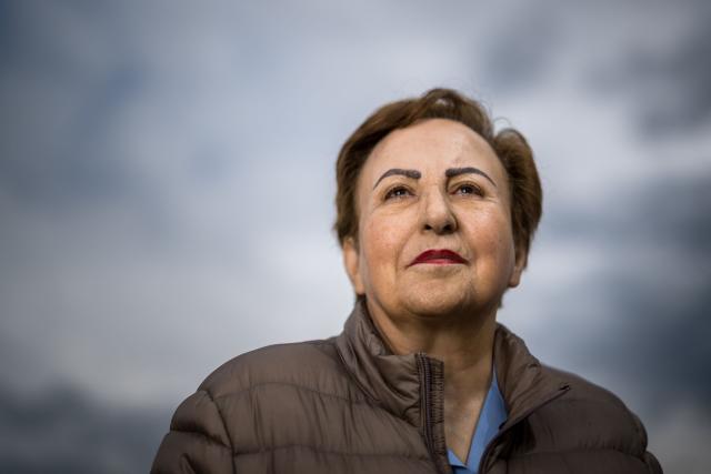 (FILES) Iranian lawyer and 2003 Nobel Peace Prize winner Shirin Ebadi poses for a photograph during the presentation of the exhibition "Dessins pour la liberte" (Cartoons for peace), marking the international press freedom day on the shores of Lake Geneva, in Geneva on May 3, 2024. Nobel laureate Shirin Ebadi fears a possible “massacre” in Iran during the internet shutdown, she said on January 9, 2026. (Photo by Fabrice COFFRINI / AFP)