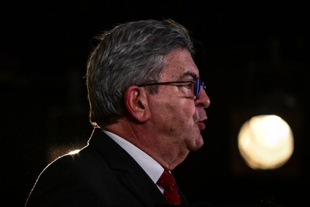 Founder of French leftist La France Insoumise (LFI) party Jean-Luc Melenchon speaks during the LFI 2026 New Year's wishes address at the Cultural and Community Center of Villeurbanne (CCVA), central-eastern France, on January 9, 2026. (Photo by OLIVIER CHASSIGNOLE / AFP)
