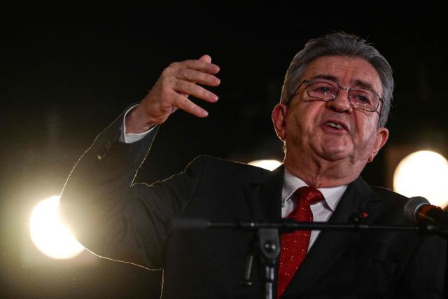 Founder of French leftist La France Insoumise (LFI) party Jean-Luc Melenchon speaks during the LFI 2026 New Year's wishes address at the Cultural and Community Center of Villeurbanne (CCVA), central-eastern France, on January 9, 2026. (Photo by OLIVIER CHASSIGNOLE / AFP)
