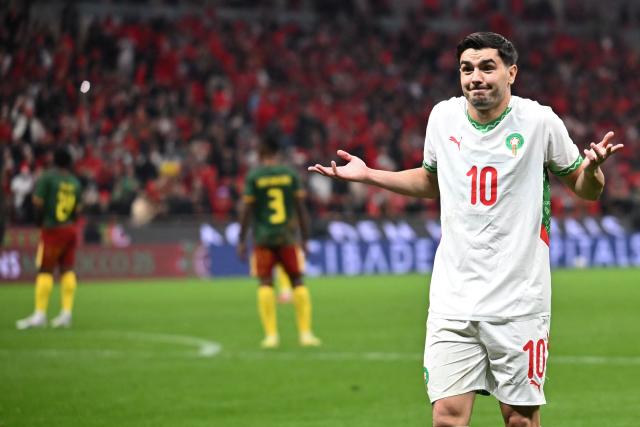 Morocco's forward #10 Brahim Diaz celebrates scoring his team's first goal during the Africa Cup of Nations (CAN) quarter-final football match between Cameroon and Morocco at the Prince Moulay Abdallah stadium in Rabat on January 9, 2026. (Photo by Paul ELLIS / AFP)