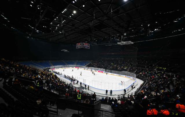General view shows the rink during the match between Caldaro and Varese at the Milano Hockey Finals as part of Milano Cortina 2026 Olympic Games test event at the Santagiulia Ice Hockey Arena, in Milan on Januray 9, 2026. (Photo by Stefano RELLANDINI / AFP)