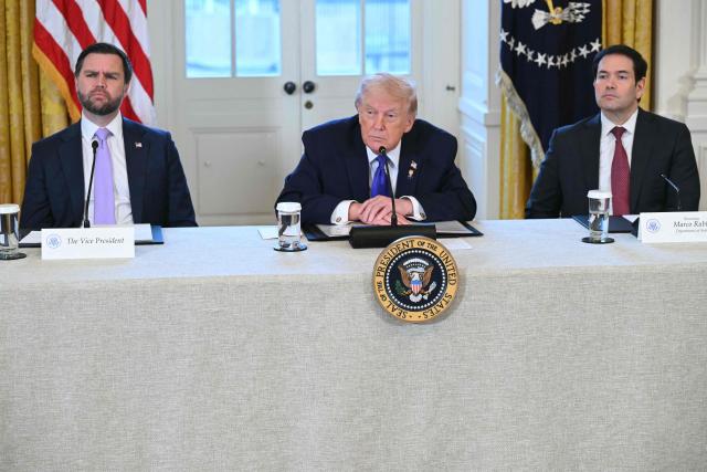 (L-R) US Vice President JD Vance, US President Donald Trump and US Secretary of State Marco Rubio look on during a meeting with US oil companies executives in the East Room of the White House in Washington, DC on January 9, 2026. President Trump is aiming to convince oil executives to support his plans in Venezuela, a country whose energy resources he says he expects to control for years to come. US forces seized Venezuelan president Nicolas Maduro in a sweeping military operation on January 3, with Trump making no secret that control of Venezuela's oil was at the heart of his actions. (Photo by SAUL LOEB / AFP)