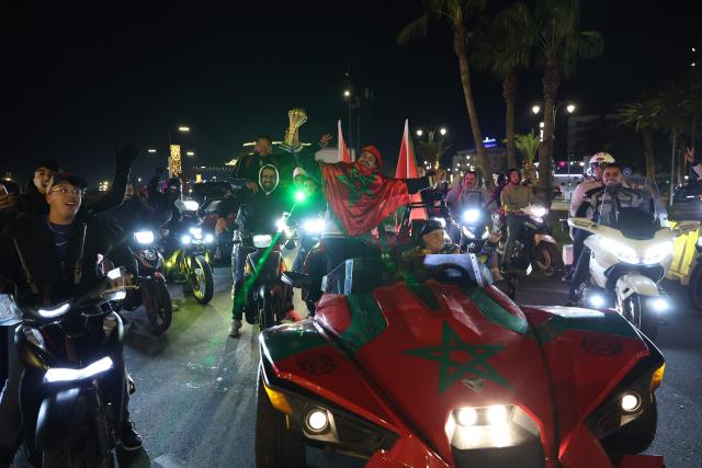 Morocco's supporters celebrate their victory in Agadir after the Africa Cup of Nations (CAN) quarter-final football match between Cameroon and Morocco played in Rabat on January 9, 2026. (Photo by FRANCK FIFE / AFP)