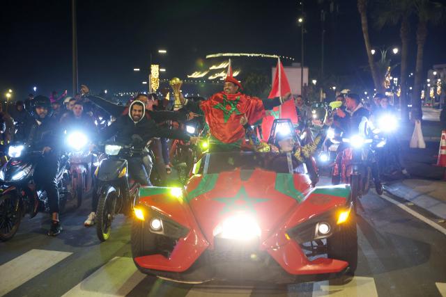 Morocco's supporters celebrate their victory in Agadir after the Africa Cup of Nations (CAN) quarter-final football match between Cameroon and Morocco played in Rabat on January 9, 2026. (Photo by FRANCK FIFE / AFP)