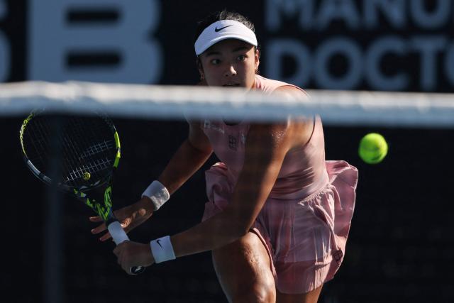 Alexandra Eala of the Philippines hits a return against Wang Xinyu of China during their women's singles semi-final match at the WTA Auckland Classic tennis tournament in Auckland on January 10, 2026. (Photo by Michael Bradley / AFP)