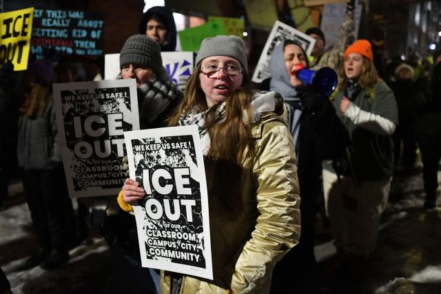 People march in protest against ICE after the fatal shooting of Renee Nicole Good in downtown Minneapolis, Minnesota on January 9, 2026. A US Immigration and Customs Enforcement (ICE) agent shot and killed 37-year-old Renee Nicole Good on the streets of Minneapolis on January 7, leading to huge protests and outrage from local leaders who rejected White House claims she was a domestic terrorist. (Photo by Octavio JONES / AFP)