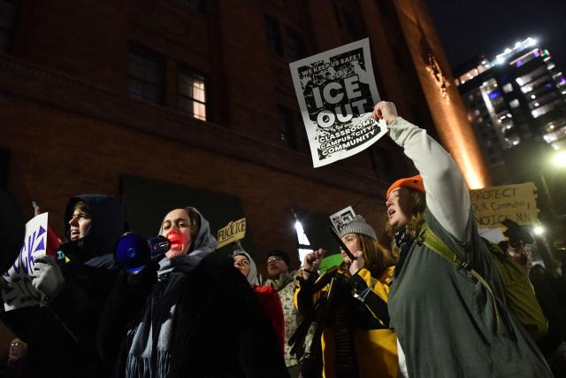 People march in protest against ICE after the fatal shooting of Renee Nicole Good in downtown Minneapolis, Minnesota on January 9, 2026. A US Immigration and Customs Enforcement (ICE) agent shot and killed 37-year-old Renee Nicole Good on the streets of Minneapolis on January 7, leading to huge protests and outrage from local leaders who rejected White House claims she was a domestic terrorist. (Photo by Octavio JONES / AFP)