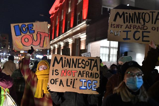 People protest against ICE after the fatal shooting of Renee Nicole Good in downtown Minneapolis, Minnesota on January 9, 2026. A US Immigration and Customs Enforcement (ICE) agent shot and killed 37-year-old Renee Nicole Good on the streets of Minneapolis on January 7, leading to huge protests and outrage from local leaders who rejected White House claims she was a domestic terrorist. (Photo by Octavio JONES / AFP)