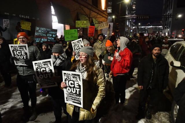 People protest against ICE after the fatal shooting of Renee Nicole Good in downtown Minneapolis, Minnesota on January 9, 2026. A US Immigration and Customs Enforcement (ICE) agent shot and killed 37-year-old Renee Nicole Good on the streets of Minneapolis on January 7, leading to huge protests and outrage from local leaders who rejected White House claims she was a domestic terrorist. (Photo by Octavio JONES / AFP)