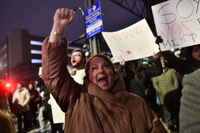EDITORS NOTE: Graphic content / People protest against ICE after the fatal shooting of Renee Nicole Good in downtown Minneapolis, Minnesota on January 9, 2026. A US Immigration and Customs Enforcement (ICE) agent shot and killed 37-year-old Renee Nicole Good on the streets of Minneapolis on January 7, leading to huge protests and outrage from local leaders who rejected White House claims she was a domestic terrorist. (Photo by Octavio JONES / AFP)
