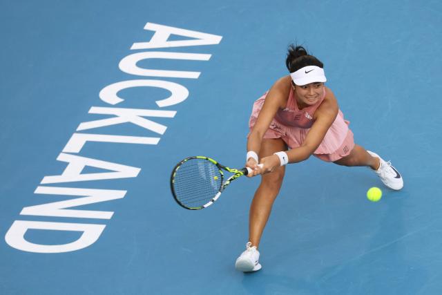 Alexandra Eala of the Philippines hits a return against Wang Xinyu of China during their women's singles semi-final match at the WTA Auckland Classic tennis tournament in Auckland on January 10, 2026. (Photo by Michael Bradley / AFP)
