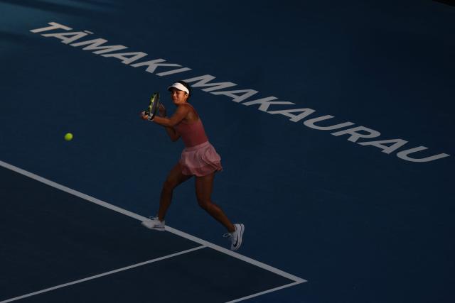 Alexandra Eala of the Philippines hits a return against Wang Xinyu of China during their women's singles semi-final match at the WTA Auckland Classic tennis tournament in Auckland on January 10, 2026. (Photo by Michael Bradley / AFP)