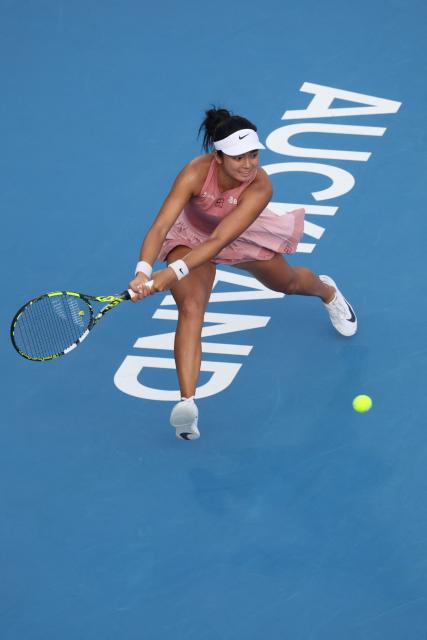 Alexandra Eala of the Philippines hits a return against Wang Xinyu of China during their women's singles semi-final match at the WTA Auckland Classic tennis tournament in Auckland on January 10, 2026. (Photo by Michael Bradley / AFP)