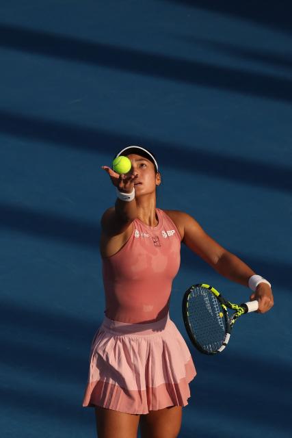 Alexandra Eala of the Philippines serves against Wang Xinyu of China during their women's singles semi-final match at the WTA Auckland Classic tennis tournament in Auckland on January 10, 2026. (Photo by Michael Bradley / AFP)