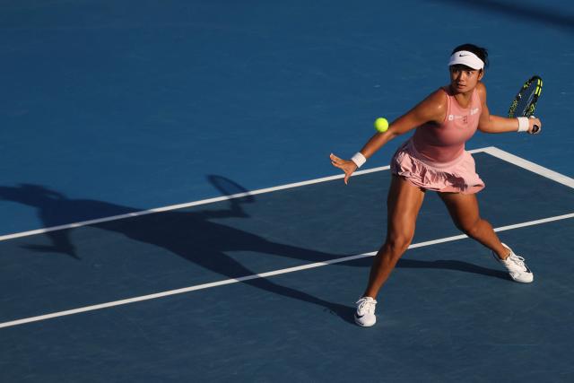 Alexandra Eala of the Philippines hits a return against Wang Xinyu of China during their women's singles semi-final match at the WTA Auckland Classic tennis tournament in Auckland on January 10, 2026. (Photo by Michael Bradley / AFP)