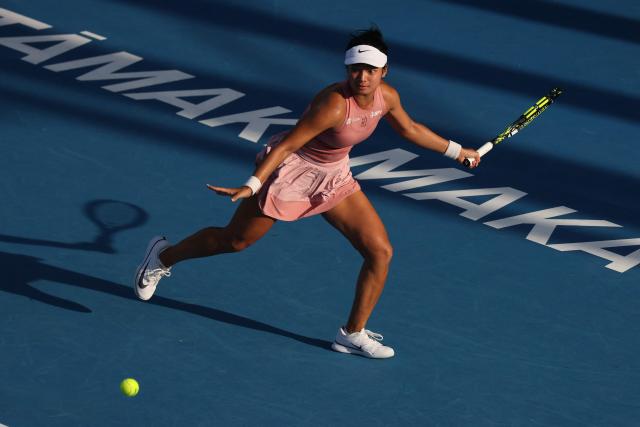 Alexandra Eala of the Philippines hits a return against Wang Xinyu of China during their women's singles semi-final match at the WTA Auckland Classic tennis tournament in Auckland on January 10, 2026. (Photo by Michael Bradley / AFP)