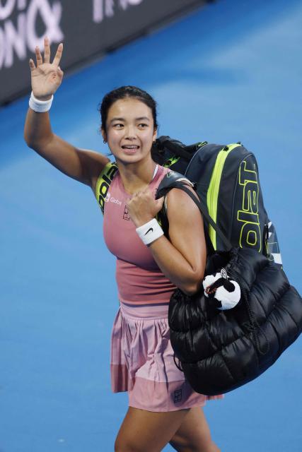 Alexandra Eala of the Philippines waves to the crowd after losing to Wang Xinyu of China during their women's singles semi-final match at the WTA Auckland Classic tennis tournament in Auckland on January 10, 2026. (Photo by Michael Bradley / AFP)