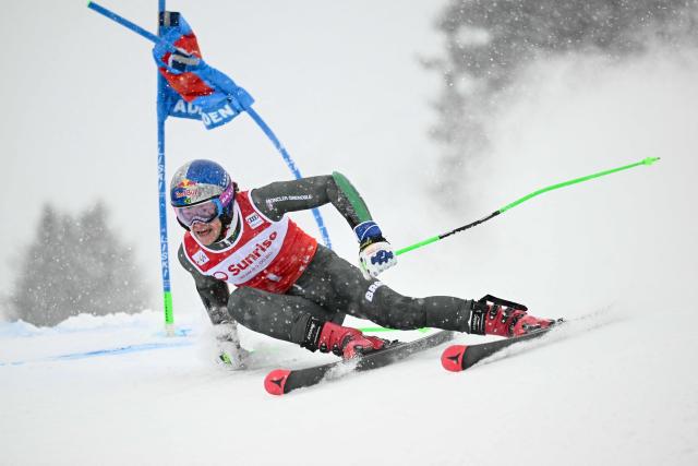 Brazil's Lucas Pinheiro Braathen competes in the first run of the Men's Giant Slalom, part of the FIS Alpine Ski World Cup 2025-2026 in Adelboden, soutwestern Switzerland on January 10, 2026. (Photo by Fabrice COFFRINI / AFP)