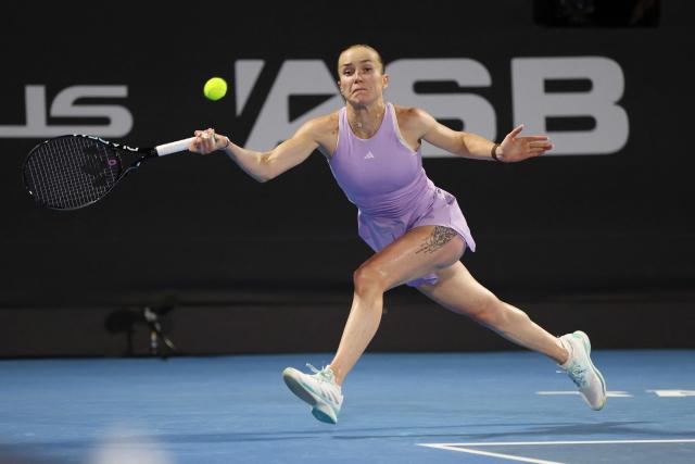 Elina Svitolina of Ukraine hits a return against Iva Jovic of the US during their women's singles semi-final match at the WTA Auckland Classic tennis tournament in Auckland on January 10, 2026. (Photo by Michael Bradley / AFP)