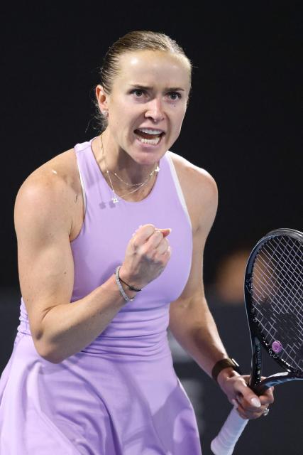 Elina Svitolina of Ukraine celebrates winning a point against Iva Jovic of the US during their women's singles semi-final match at the WTA Auckland Classic tennis tournament in Auckland on January 10, 2026. (Photo by Michael Bradley / AFP)