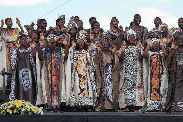 A choir performs during the ANC's 114th anniversary celebration at the Moruleng Stadium in Rustenburg on January 10, 2026. (Photo by PHILL MAGAKOE / AFP)