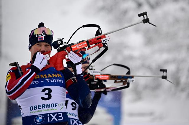 Norway's Johannes Dale-Skjevdal warms up at the shooting range prior to the men's 12,5km pursuit competition of the IBU Biathlon World Cup in Oberhof, eastern Germany on January 10, 2026. (Photo by Tobias SCHWARZ / AFP)
