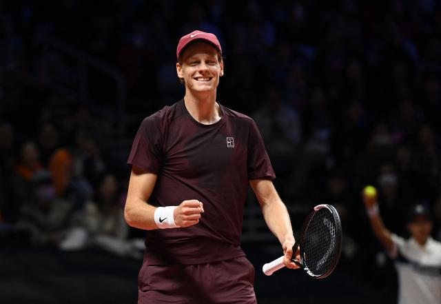 Italy's Jannik Sinner reacts after a point against Spain's Carlos Alcaraz during their exhibition tennis match at Inspire Arena in Incheon on January 10, 2026. (Photo by Jung Yeon-je / AFP)