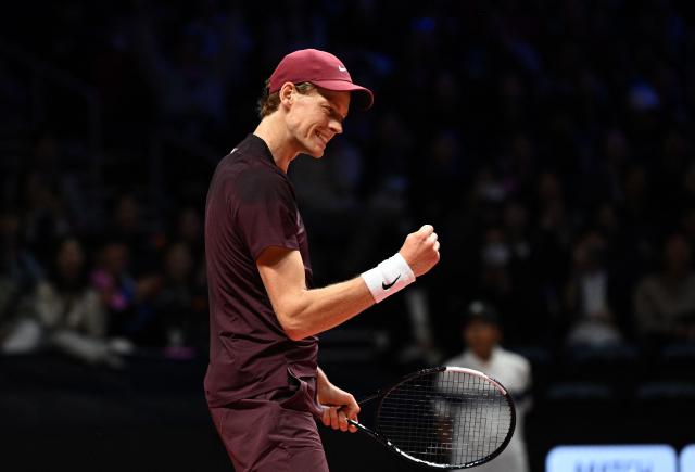 Italy's Jannik Sinner reacts after a point against Spain's Carlos Alcaraz during their exhibition tennis match at Inspire Arena in Incheon on January 10, 2026. (Photo by Jung Yeon-je / AFP)