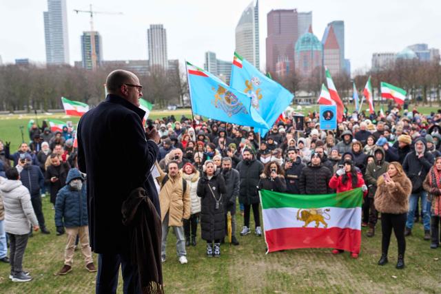 European MP Bart Groothuis addresses protesters during a demonstration to support mass rallies denouncing the Islamic republic in Iran at Malieveld square in The Hague on January 10, 2026. The two weeks of protests have posed one of the biggest challenges to the theocratic authorities who have ruled Iran since the 1979 Islamic revolution, although supreme leader has expressed defiance and blamed the US. (Photo by Phil Nijhuis / ANP / AFP) / Netherlands OUT