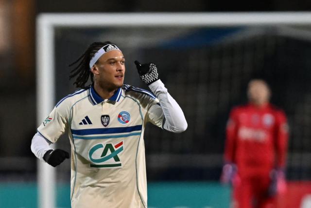 Strasbourg's Belgian forward #07 Diego Da Silva Moreira celebrates after scoring a goal during the French Cup round of 32 football match between US Avranches and RC Strasbourg at The Rene-Fenouillere stadium in Avranches, western France on January 10, 2026. (Photo by Lou BENOIST / AFP)