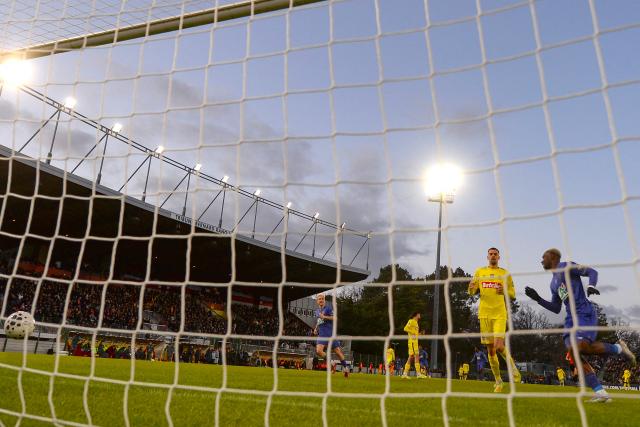 Monaco's French forward #19 George Ilenikhena scores his team's third goal during the French Cup round of 32 football match between US Orleans and AS Monaco at the Stade de la Source in Orleans, central France on January 10, 2026. (Photo by JEAN-FRANCOIS MONIER / AFP)
