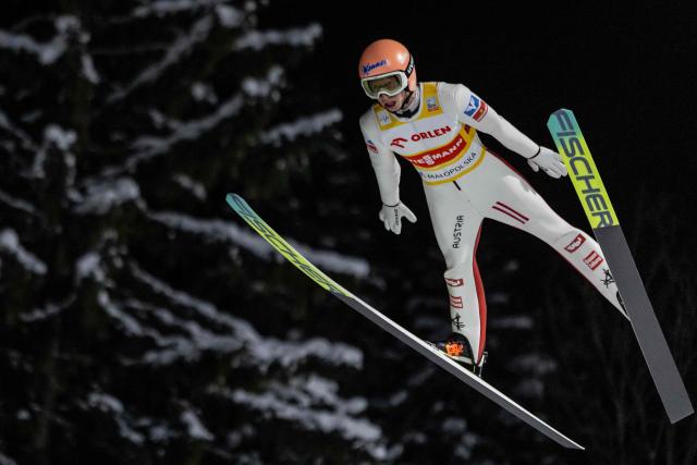 Austria Jan Hoerl soars through the air during the Men's Large Hill HS140 Super Team competition of the FIS Ski Jumping World Cup in Zakopane, Poland on January 10, 2026. (Photo by Wojtek RADWANSKI / AFP)