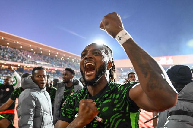 Nigeria's defender #20 Chidozie Awaziem celebrates after the Africa Cup of Nations (CAN) quarter-final football match between Algeria and Nigeria at the Grand stadium in Marrakesh on January 10, 2026. (Photo by Paul ELLIS / AFP)