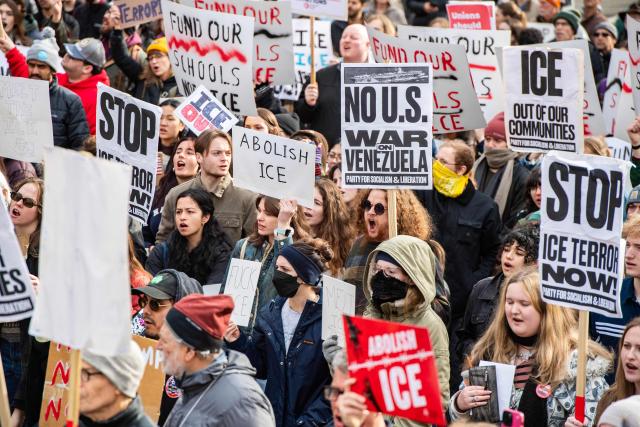 Demonstrators gather to protest the recent US operation in Venezuela that resulted in the capture of the Venezuelan President and against US Immigration and Customs Enforcement (ICE) operations, on Boston Common in Boston, Massachusetts on January 10, 2026. (Photo by Joseph Prezioso / AFP)