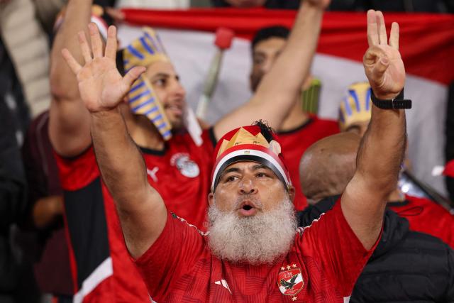 Egypt supporters cheer prior the Africa Cup of Nations (CAN) quarter-final football match between Egypt and Ivory Coast at the Grand stadium in Agadir on January 10, 2026. (Photo by FRANCK FIFE / AFP)