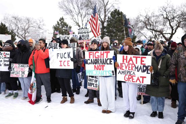 People protest against ICE after the fatal shooting of Renee Nicole Good in downtown Minneapolis, Minnesota on January 10, 2026. A US Immigration and Customs Enforcement (ICE) agent shot and killed 37-year-old Renee Nicole Good on the streets of Minneapolis on January 7, leading to huge protests and outrage from local leaders who rejected White House claims she was a domestic terrorist. (Photo by CHARLY TRIBALLEAU / AFP)