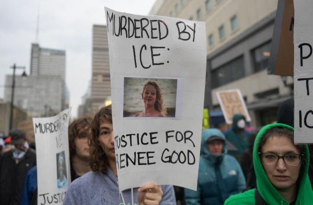 Protesters gather outside of the ICE Field office in Philadelphia, Pennsylvania during a protest against ICE and the killing of Renee Good on Saturday, January 10, 2025. A US Immigration and Customs Enforcement (ICE) agent shot and killed an American woman on the streets of Minneapolis January 7, leading to huge protests and outrage from local leaders who rejected White House claims she was a domestic terrorist. The woman, identified in local media as 37-year-old Renee Nicole Good, was hit at point blank range as she apparently tried to drive away from agents who were crowding around her car, which they said was blocking their way. (Photo by Matthew HATCHER / AFP)