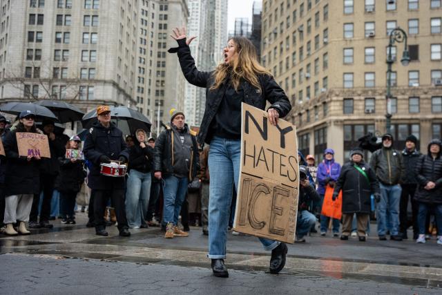 People rally against Immigration and Customs Enforcement (ICE) for the “ICE Out of New York for Good” protest outside of 26 Federal Plaza in New York City, US, January 10, 2026. A US Immigration and Customs Enforcement (ICE) agent shot and killed an American woman on the streets of Minneapolis January 7, leading to huge protests and outrage from local leaders who rejected White House claims she was a domestic terrorist. The woman, identified in local media as 37-year-old Renee Nicole Good, was hit at point blank range as she apparently tried to drive away from agents who were crowding around her car, which they said was blocking their way. (Photo by Angelina Katsanis / AFP)