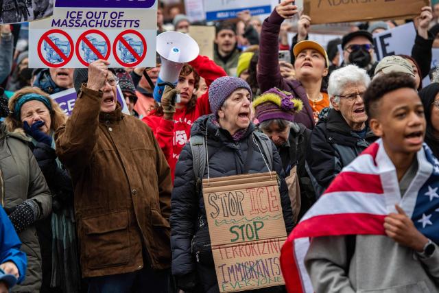 Demonstrators march through the streets during a demonstration over the fatal shooting of Renee Good by a US Immigration and Customs Enforcement (ICE) agent in Boston, Massachusetts, on January 10, 2026. A US Immigration and Customs Enforcement (ICE) agent shot and killed a woman on the streets of Minneapolis January 7, leading to huge protests and outrage from local leaders who rejected White House claims she was a domestic terrorist. The woman, identified in local media as 37-year-old Renee Nicole Good, was hit at point blank range as she apparently tried to drive away from agents who were crowding around her car, which they said was blocking their way. (Photo by Joseph Prezioso / AFP)
