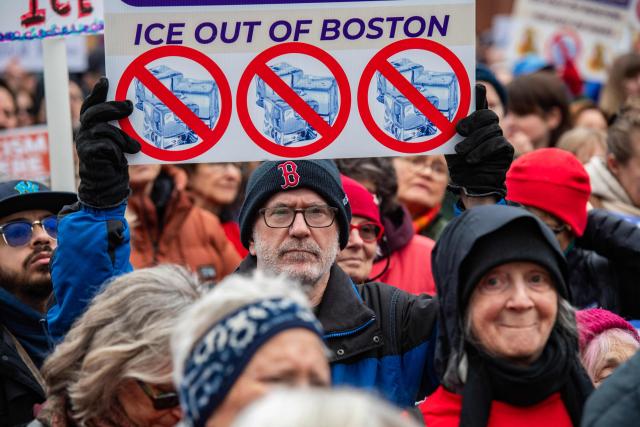 Demonstrators march through the streets during a demonstration over the fatal shooting of Renee Good by a US Immigration and Customs Enforcement (ICE) agent in Boston, Massachusetts, on January 10, 2026. A US Immigration and Customs Enforcement (ICE) agent shot and killed a woman on the streets of Minneapolis January 7, leading to huge protests and outrage from local leaders who rejected White House claims she was a domestic terrorist. The woman, identified in local media as 37-year-old Renee Nicole Good, was hit at point blank range as she apparently tried to drive away from agents who were crowding around her car, which they said was blocking their way. (Photo by Joseph Prezioso / AFP)