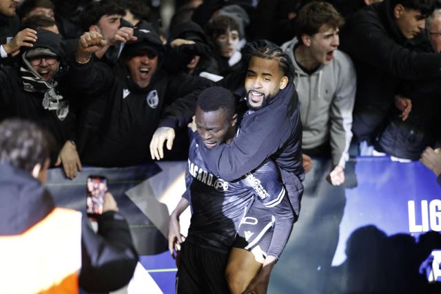 Vitoria Guimaraes's Senegalese forward # 90 Alioune Ndoye celebrates scoring his team's second goal during the Portuguese Taca da Liga (League Cup) final football match between Vitoria SC and SC Braga at the Dr. Magalhaes Pessoa stadium in Leiria, on January 10, 2026. (Photo by FILIPE AMORIM / AFP)