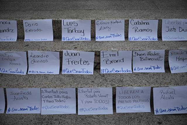 Some of the names of political prisoners are pictured on posters at the stairs of El Helicoide -a facility and prison owned by the Venezuelan government and used for both regular and political prisoners of the Bolivarian National Intelligence Service (SEBIN)- in Caracas on January 10, 2026. Venezuelan authorities are releasing a "large number" of prisoners, some of them foreigners, five days after US forces ousted president Nicolas Maduro. (Photo by Federico PARRA / AFP)