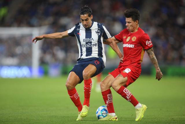 Toluca's forward #15 Pavel Perez (R) and Monterrey's midfielder #14 Erick Aguirre fight for the ball during the Liga MX Clausura football match between Monterrey and Toluca at BBVA Stadium in Monterrey, Nuevo Leon state, Mexico on January 10, 2026. (Photo by Julio Cesar AGUILAR / AFP)