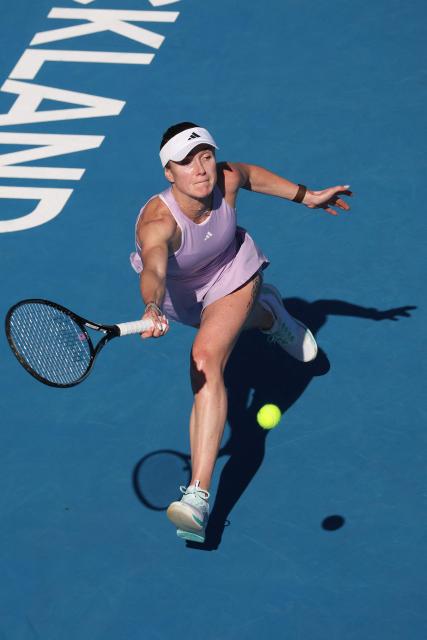 Ukraine's Elina Svitolina hits a return against China's Wang Xinyu during the women's singles final at the WTA Auckland Classic tennis tournament in Auckland on January 11, 2026. (Photo by Michael Bradley / AFP)