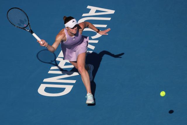 Ukraine's Elina Svitolina hits a return against China's Wang Xinyu during the women's singles final at the WTA Auckland Classic tennis tournament in Auckland on January 11, 2026. (Photo by Michael Bradley / AFP)