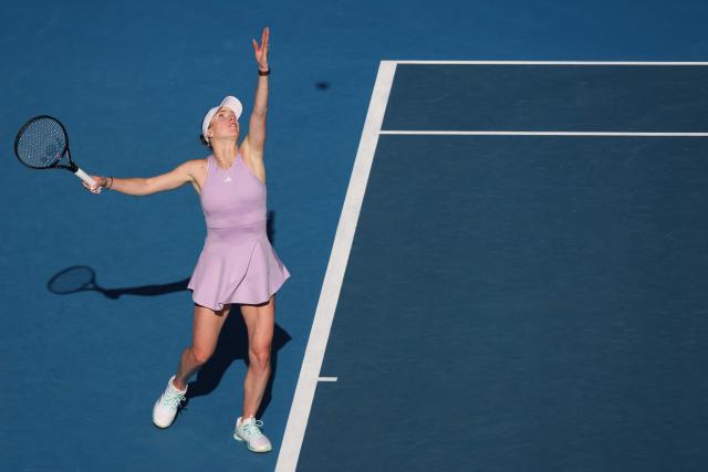 Ukraine's Elina Svitolina serves against China's Wang Xinyu during the women's singles final at the WTA Auckland Classic tennis tournament in Auckland on January 11, 2026. (Photo by Michael Bradley / AFP)