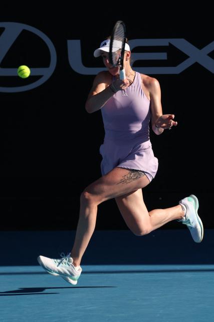 Ukraine's Elina Svitolina hits a return against China's Wang Xinyu during the women's singles final at the WTA Auckland Classic tennis tournament in Auckland on January 11, 2026. (Photo by Michael Bradley / AFP)