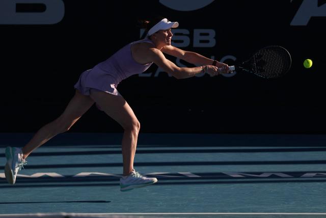Ukraine's Elina Svitolina hits a return against China's Wang Xinyu during the women's singles final at the WTA Auckland Classic tennis tournament in Auckland on January 11, 2026. (Photo by Michael Bradley / AFP)