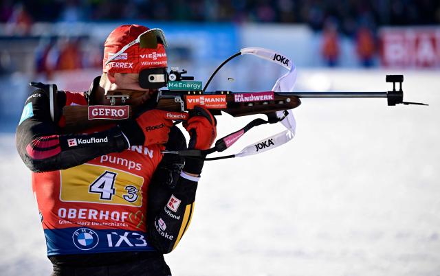 Germany's Philipp Nawrath competes in the men's 4x7,5km relay event of the IBU Biathlon World Cup in Oberhof, eastern Germany on January 11, 2026. (Photo by Tobias SCHWARZ / AFP)