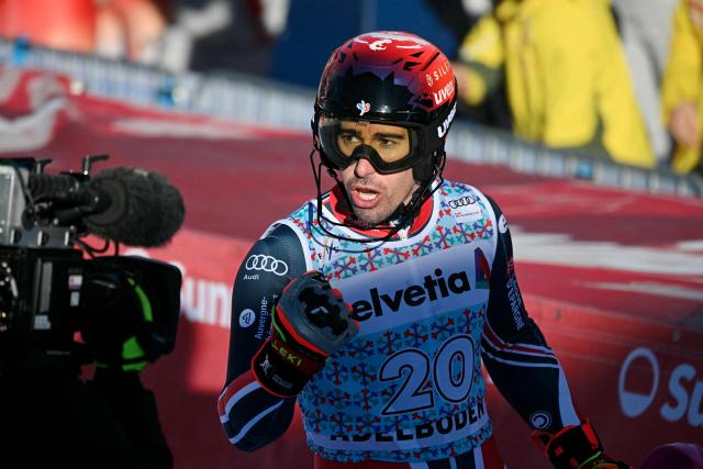 France’s Victor Muffat-Jeandet reacts after crossing the finish line during the second run of the Men's Slalom, part of the FIS Alpine Ski World Cup 2025-2026 in Adelboden, soutwestern Switzerland on January 11, 2026. (Photo by Fabrice COFFRINI / AFP)